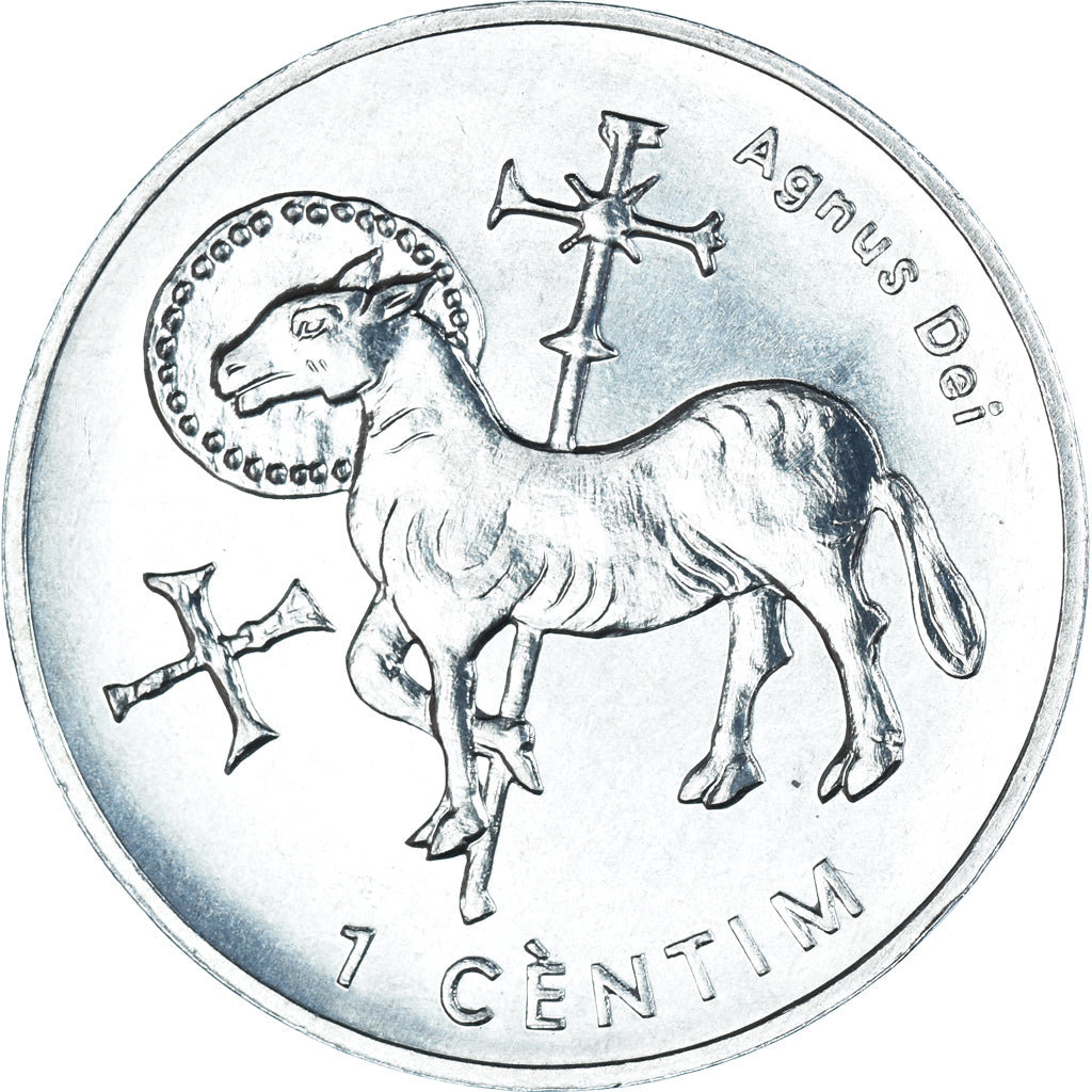 Coin, Andorra, 1 Cèntim Andorre, Centim, 2002, Agnus Dei, MS(63), Aluminum