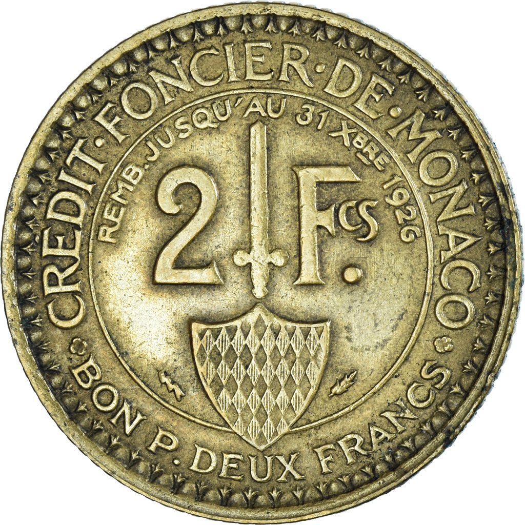 Coin, Monaco, Louis II, 2 Francs, 1924, Poissy, VF(30-35), Aluminum-Bronze