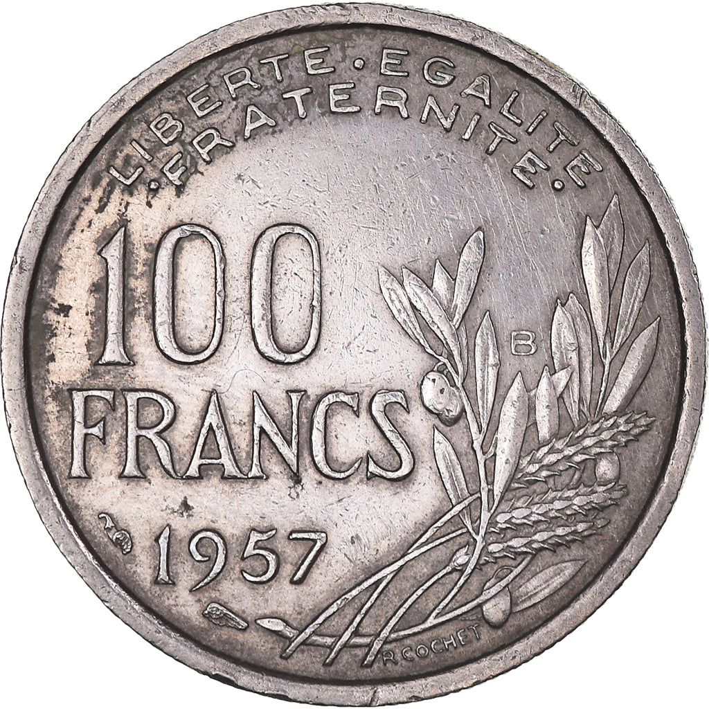 Moneda, Francia, Cochet, 100 Francs, 1957, Beaumont-le-Roger, MBC, Cobre -