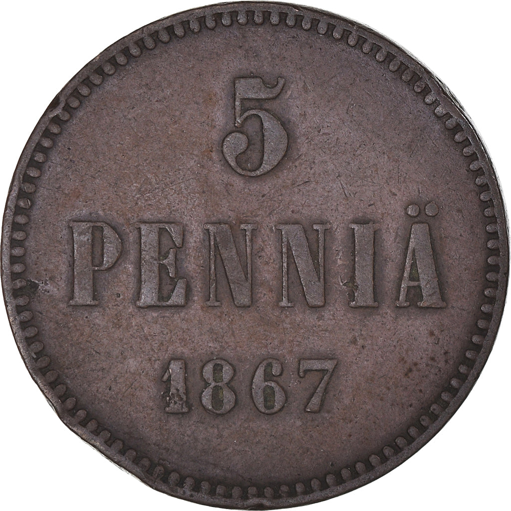Coin, Finland, Alexander II, 5 Pennia, 1867, EF(40-45), Copper, KM:4.1