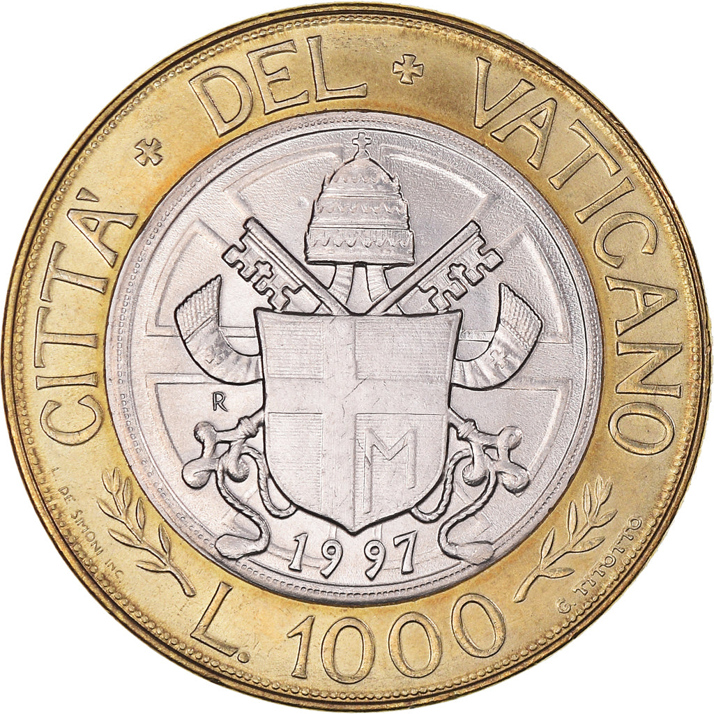 Coin, VATICAN CITY, John Paul II, 1000 Lire, 1997, Roma, EF(40-45), Bi-Metallic