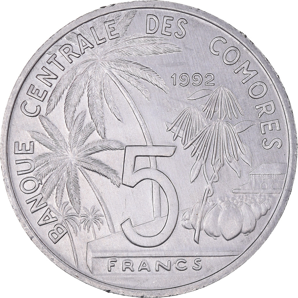 Coin, Comoros, 5 Francs, 1992, Paris, MS(63), Aluminum, KM:15