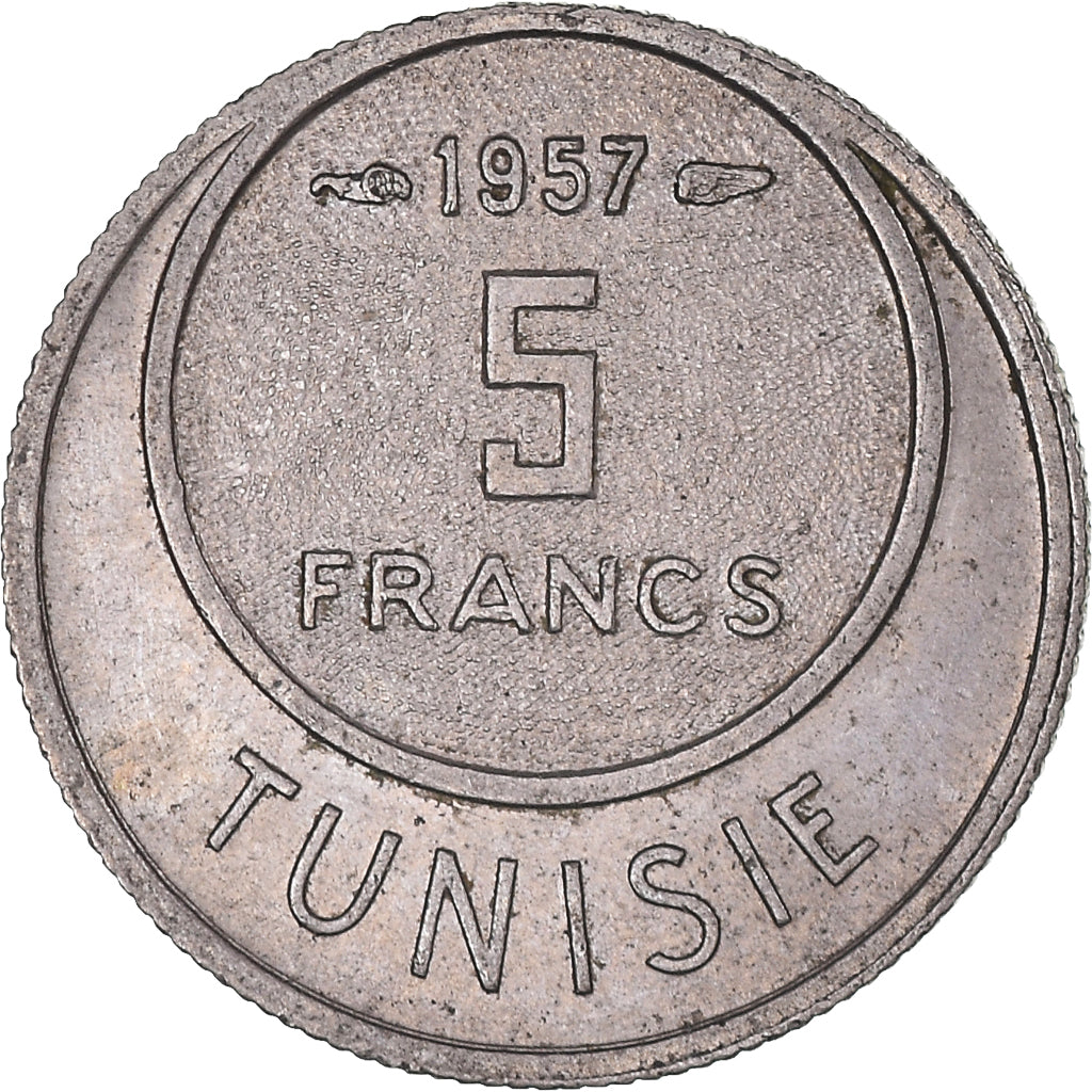 Coin, Tunisia, Muhammad al-Amin Bey, 5 Francs, 1957, Paris, AU(50-53)