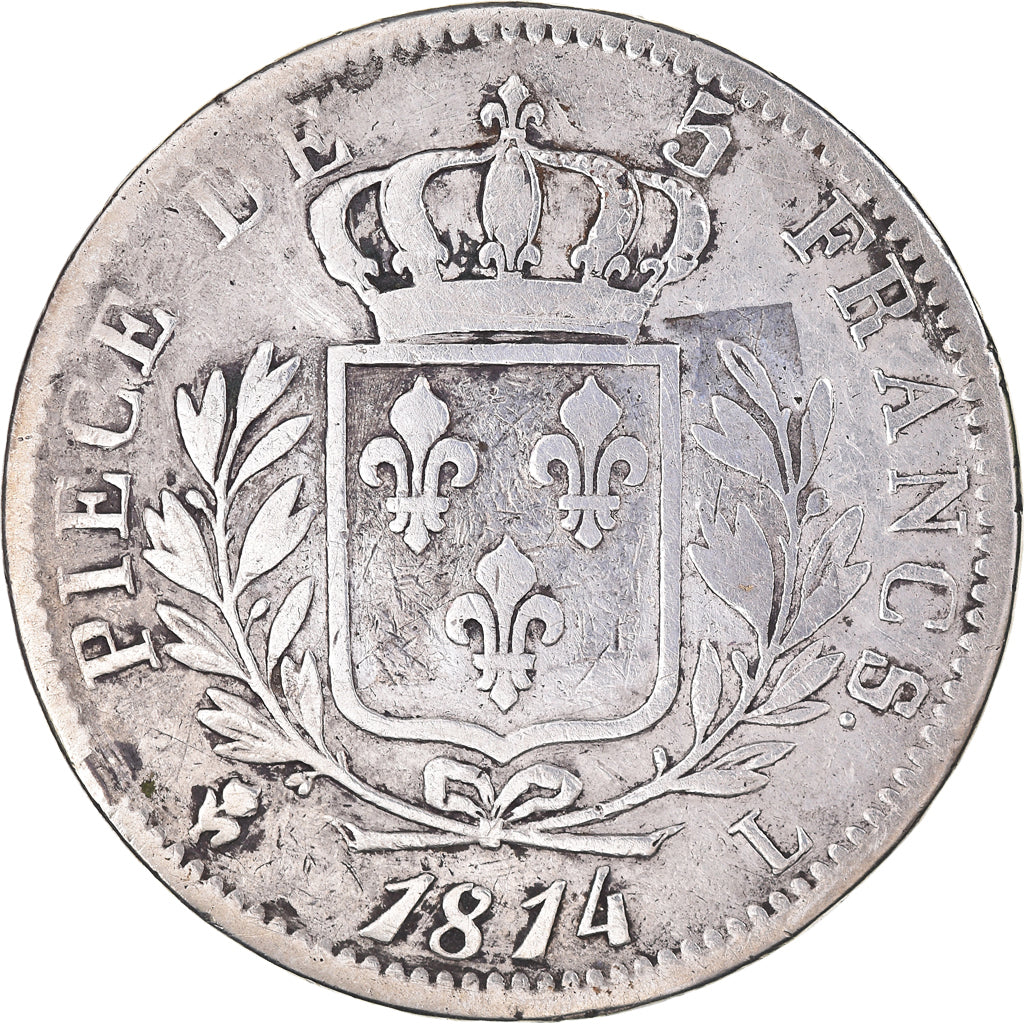 Moneta, Francia, Louis XVIII, Louis XVIII, 5 Francs, 1814, Bayonne, MB, Argento