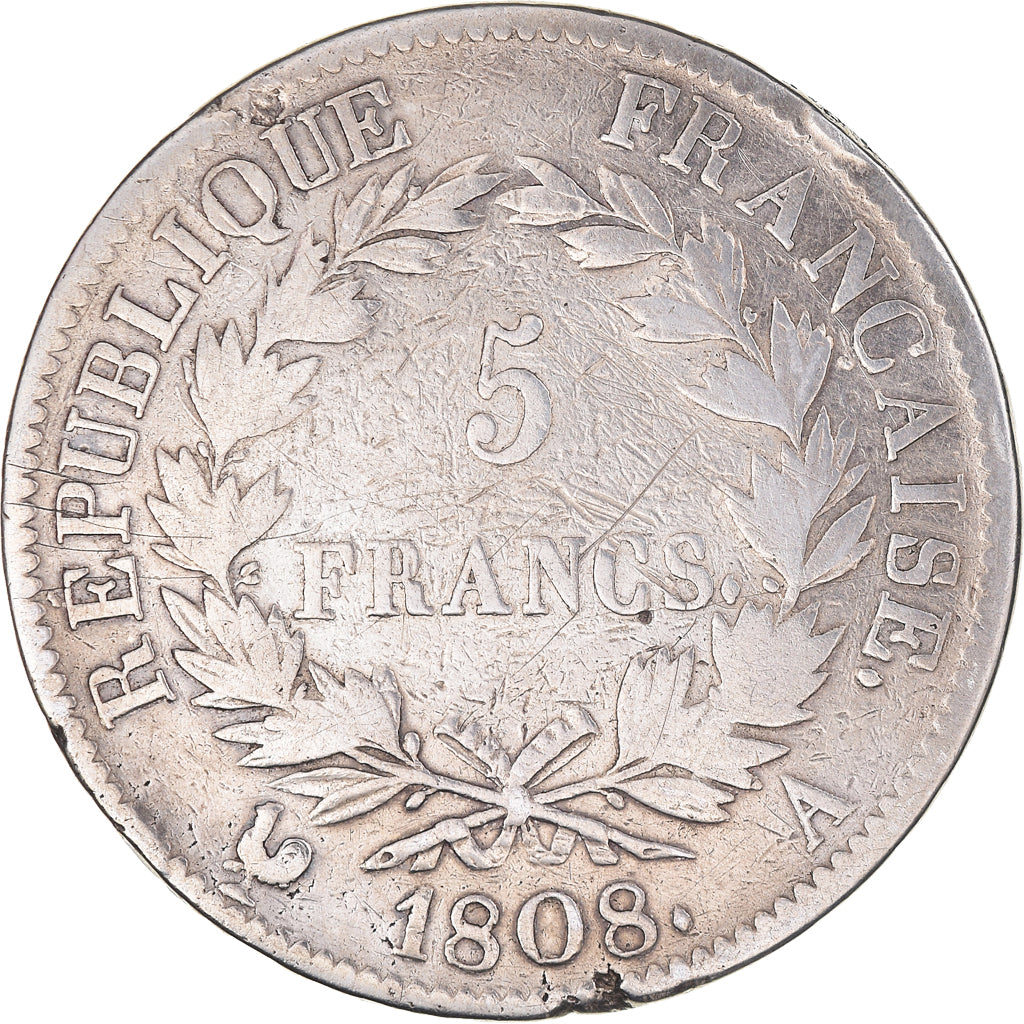 Coin, France, Napoléon I, 5 Francs, 1808, Paris, VF(30-35), Silver, KM:686.1