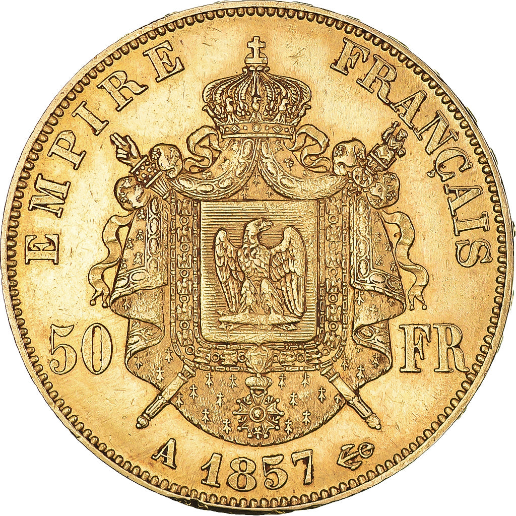 Moeda, França, Napoleon III, 50 Francs, 1857, Paris, AU(55-58), Dourado