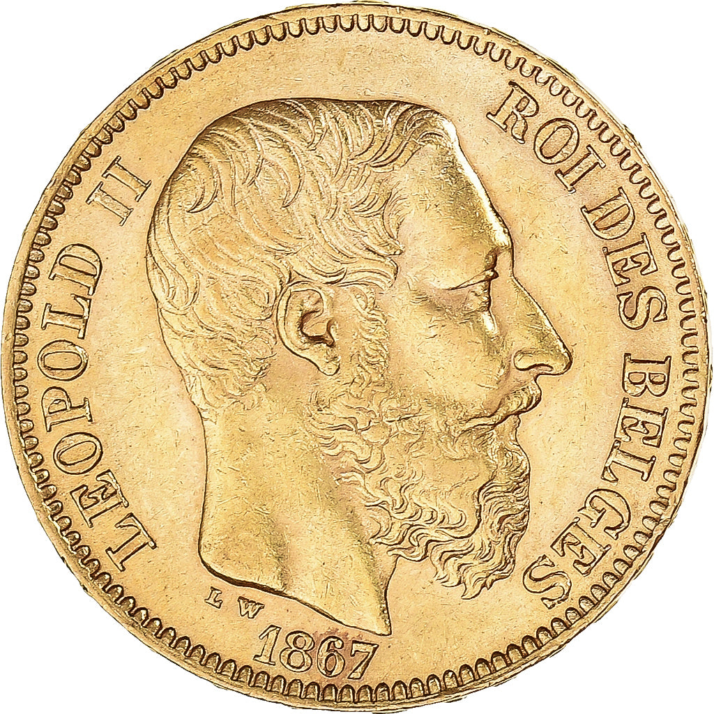 Moeda, Bélgica, Leopold II, 20 Francs, 20 Frank, 1867, AU(55-58), Dourado