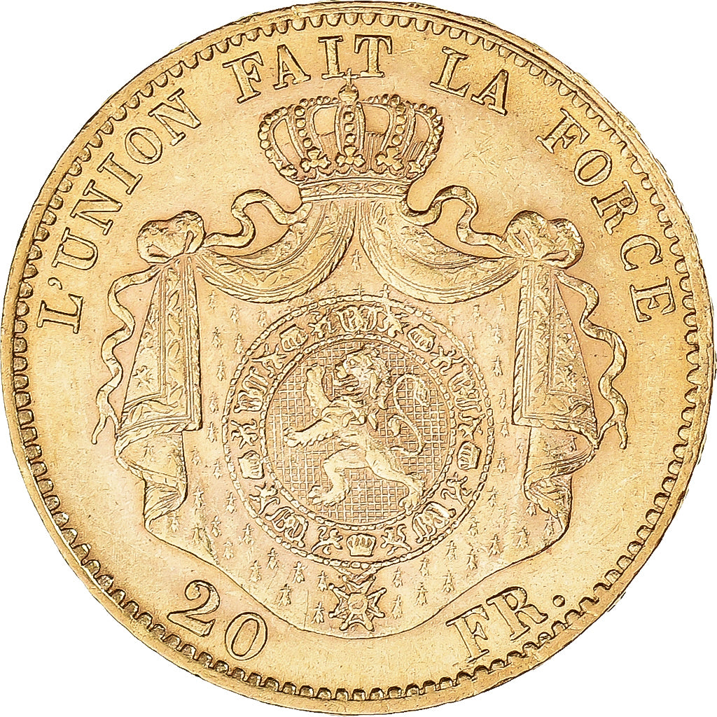Moeda, Bélgica, Leopold II, 20 Francs, 20 Frank, 1867, AU(55-58), Dourado