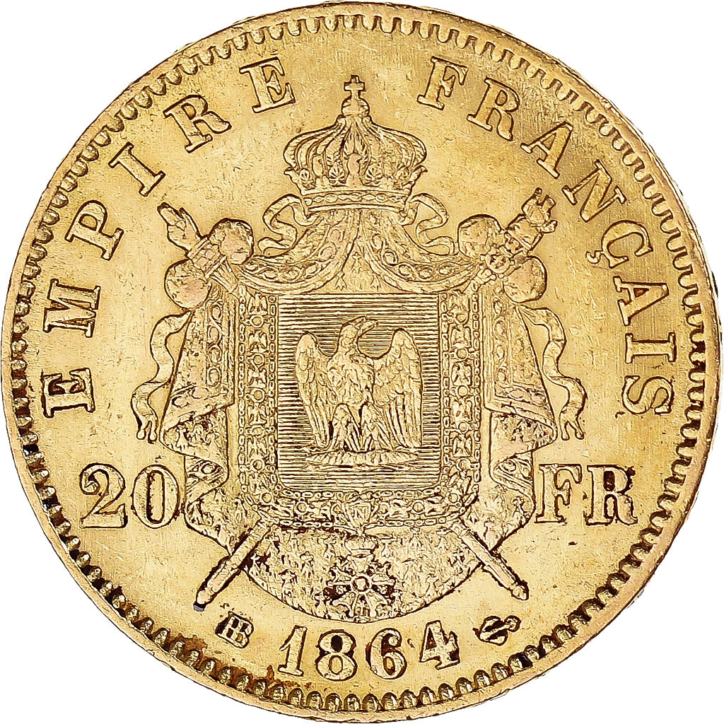 Moeda, França, Napoléon III, 20 Francs, 1864, Strasbourg, AU(55-58), Dourado