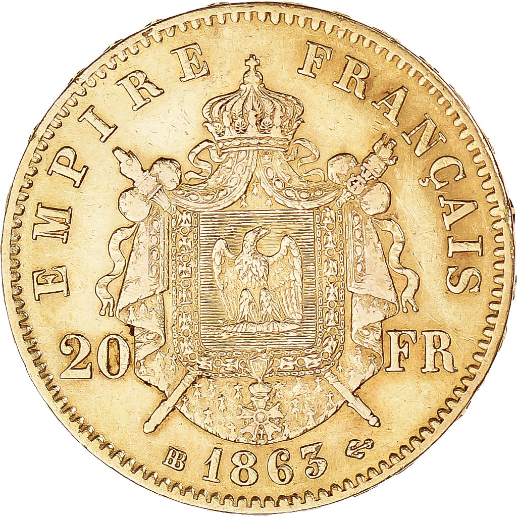 Moeda, França, Napoleon III, Napoléon III, 20 Francs, 1863, Strasbourg