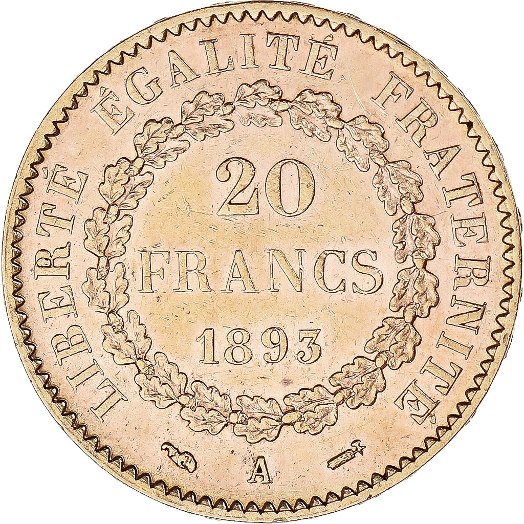 Moneda, Francia, Génie, 20 Francs, 1893, Paris, MBC+, Oro, KM:825, Gadoury:1063