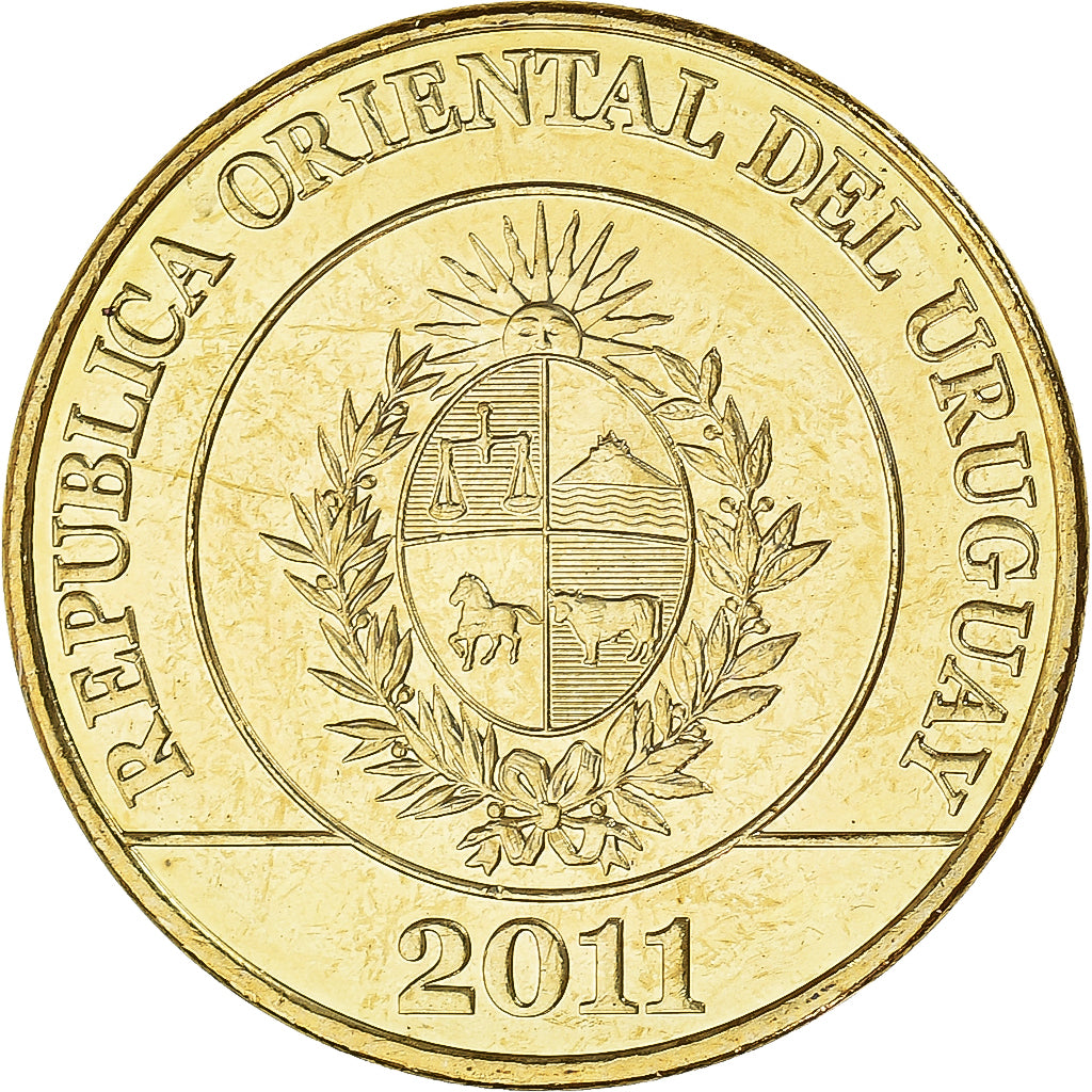 Münze, Uruguay, 5 Pesos Uruguayos, 2011, UNZ, Brass plated steel, KM:137