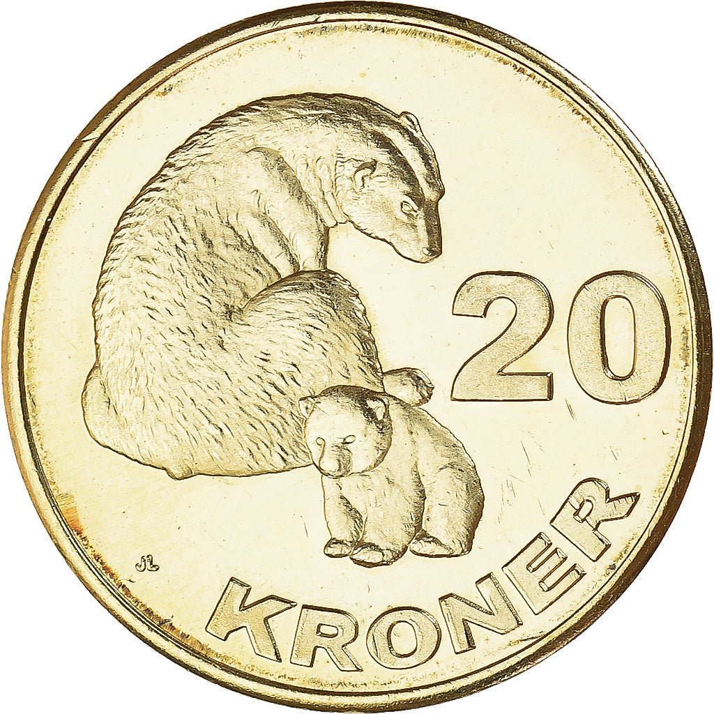Moeda, Gronelândia, KALAALLIT NUNAAT, 20 Kroner, 2010, MS(63), Latão, KM:Pr7