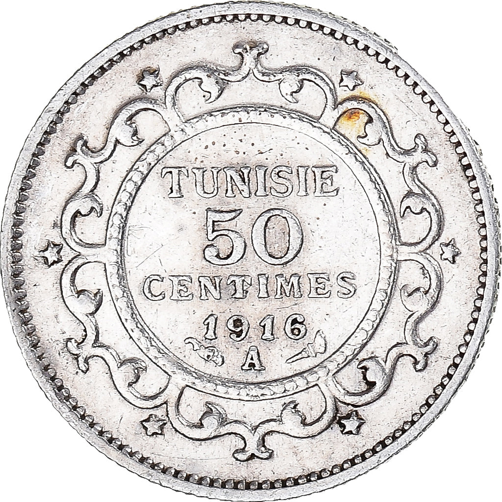 Monnaie, Tunisie, Muhammad al-Nasir Bey, 50 Centimes, 1916/AH1335, Paris, SUP