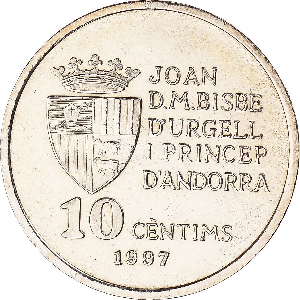 Coin, Andorra, 10 Centims, 1997, MS(65-70), Brass, KM:164