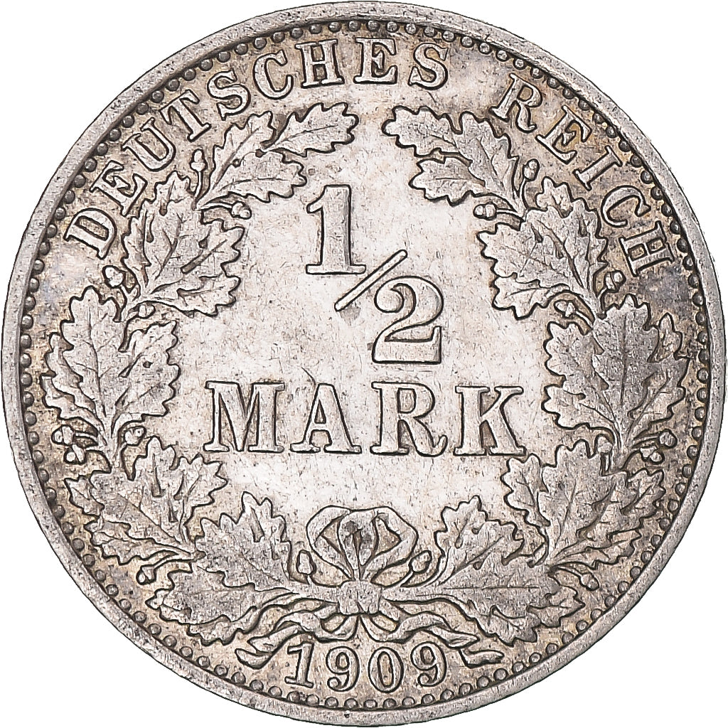 Coin, GERMANY - EMPIRE, 1/2 Mark, 1909, Berlin, EF(40-45), Silver, KM:17