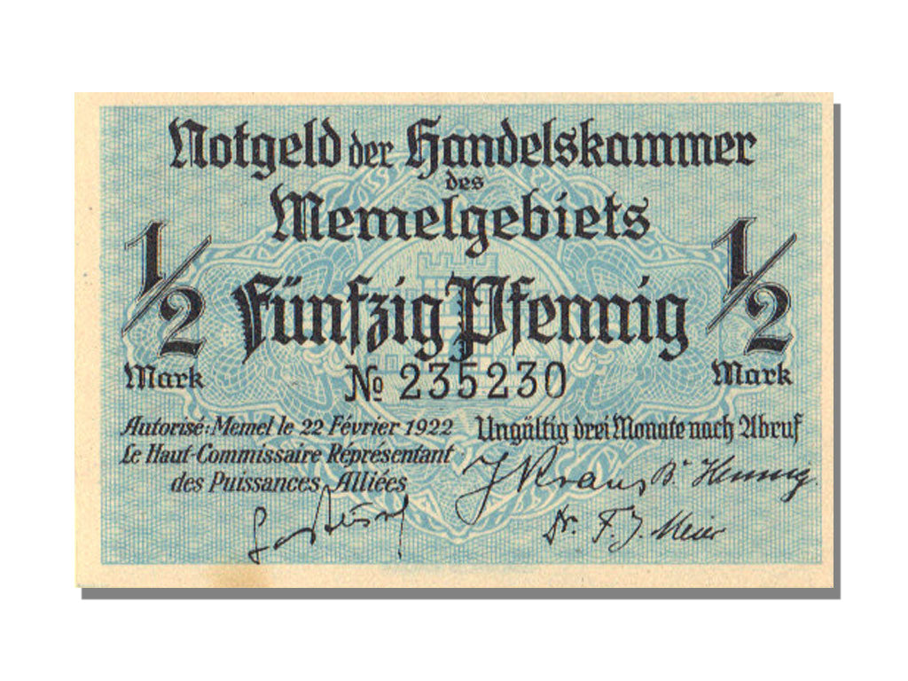 Memel, 1/2 Mark, 1922, 1922-02-22, UNC(65-70)