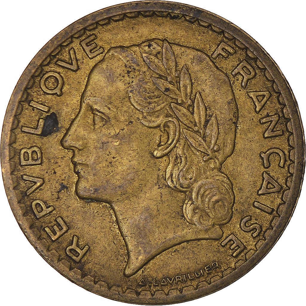 Moneda, Francia, Lavrillier, 5 Francs, 1945, Paris, BC+, Aluminio - bronce