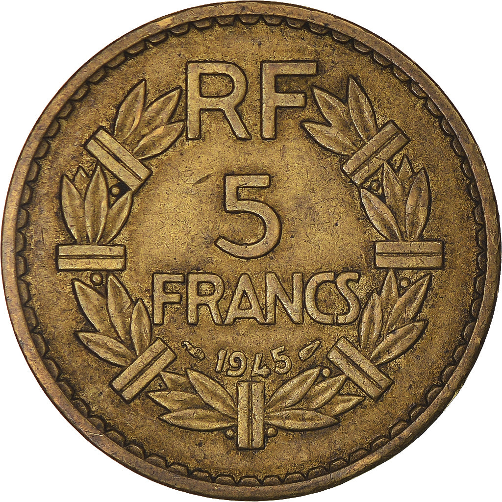 Moneda, Francia, Lavrillier, 5 Francs, 1945, Paris, BC+, Aluminio - bronce