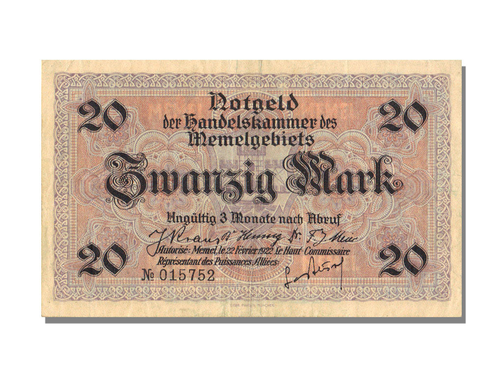Memel, 20 Mark, 1922, KM #6b, 1922-02-22, AU(55-58), N° 015752