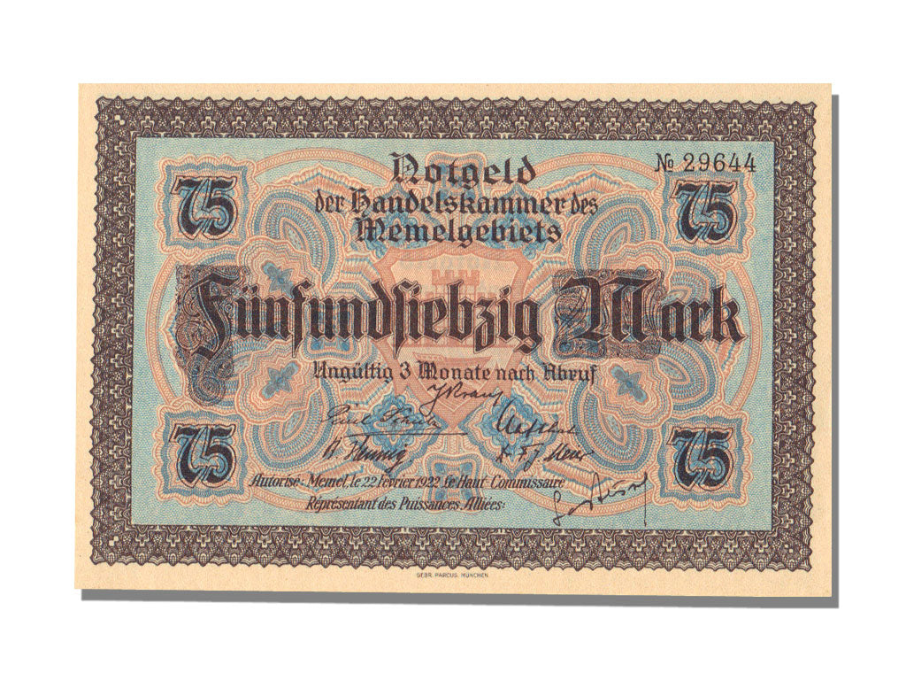 Memel, 75 Mark, 1922, 1922-02-22, UNC(65-70)
