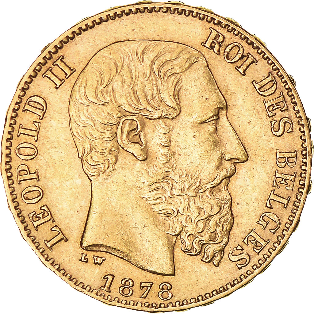Moneta, Belgio, Leopold II, 20 Francs, 20 Frank, 1878, SPL-, Oro, KM:37