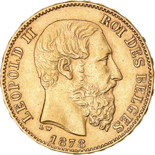 Moneta, Belgio, Leopold II, 20 Francs, 20 Frank, 1878, SPL-, Oro, KM:37