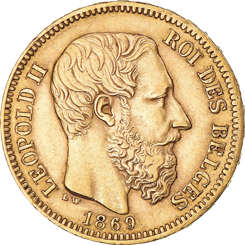 Moeda, Bélgica, Leopold II, 20 Francs, 20 Frank, 1869, Brussels, AU(55-58)