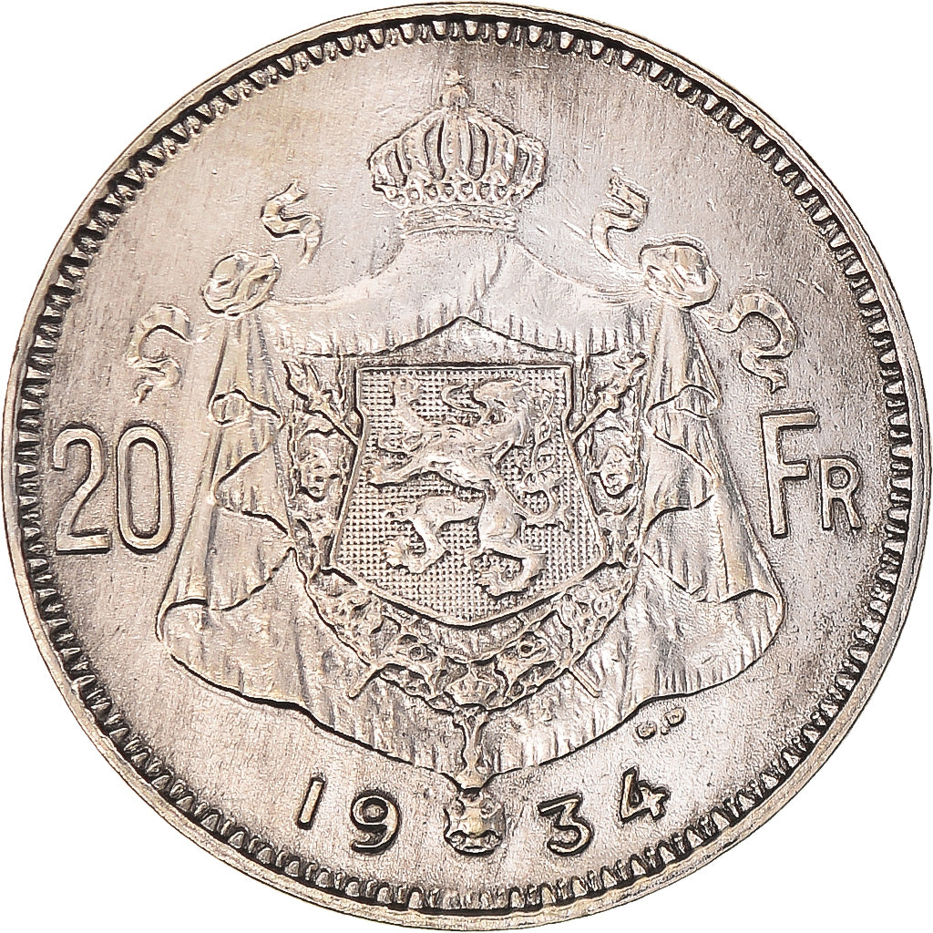 Coin, Belgium, 20 Francs, 20 Frank, 1934, VF(30-35), Silver, KM:103.1