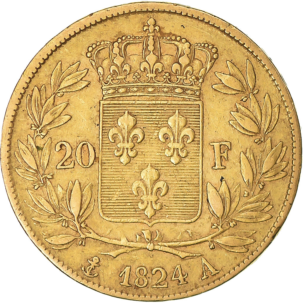 Moneda, Francia, Louis XVIII, 20 Francs, 1824, Paris, BC+, Oro, KM:712.1