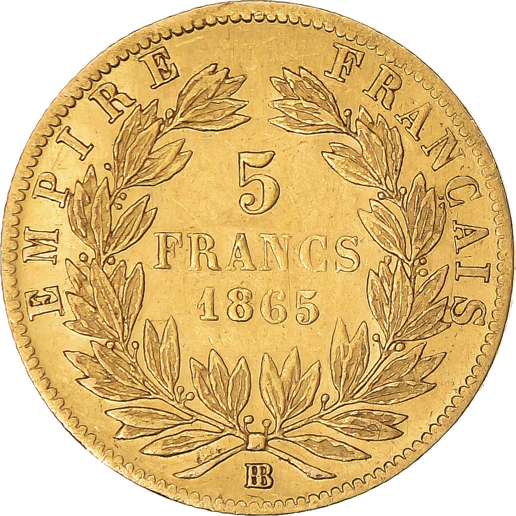 Coin, France, Napoleon III, 5 Francs, 1865, Strasbourg, EF(40-45), Gold