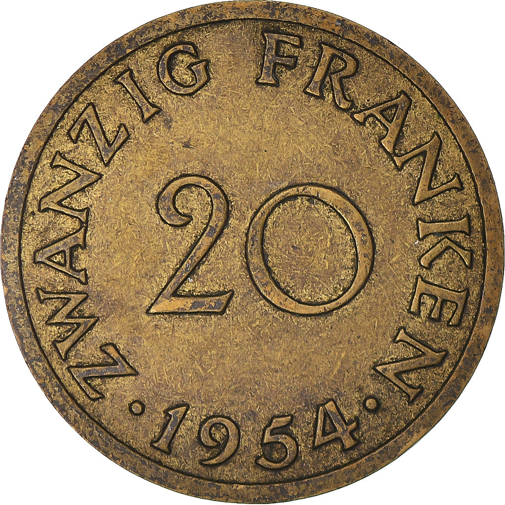 Coin, SAARLAND, 20 Franken, 1954, Paris, EF(40-45), Aluminum-Bronze, KM:2