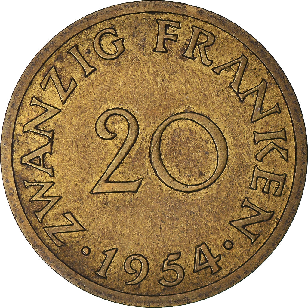 Coin, SAARLAND, 20 Franken, 1954, Paris, EF(40-45), Aluminum-Bronze, KM:2
