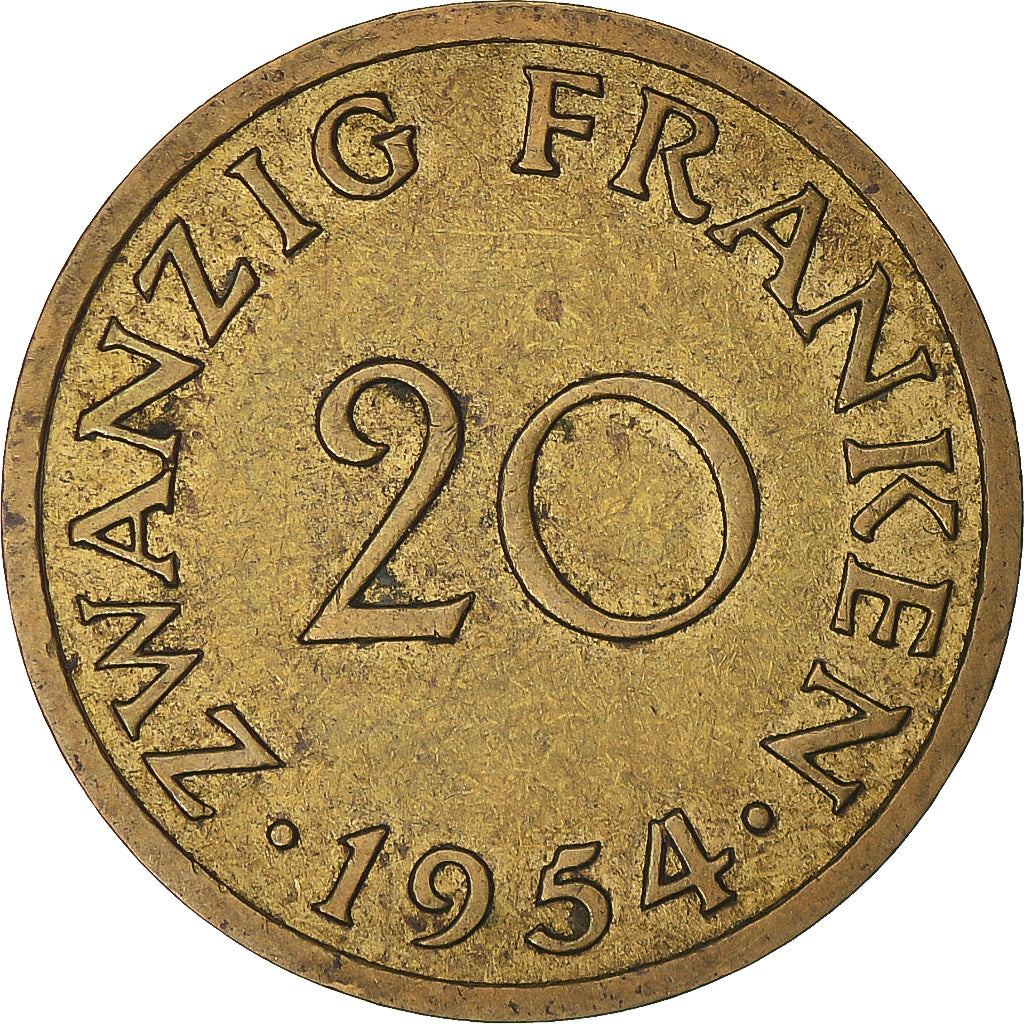 Coin, SAARLAND, 20 Franken, 1954, Paris, EF(40-45), Aluminum-Bronze, KM:2