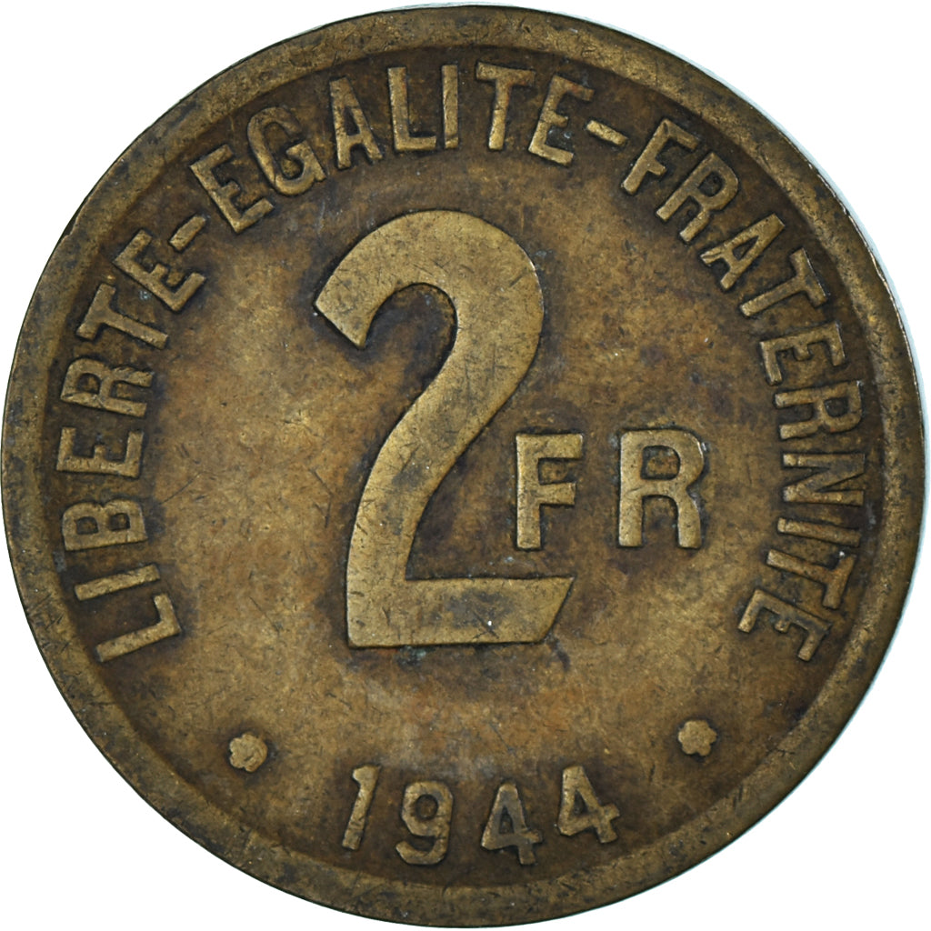 Coin, France, France Libre, 2 Francs, 1944, Philadelphia, VF(20-25), Brass