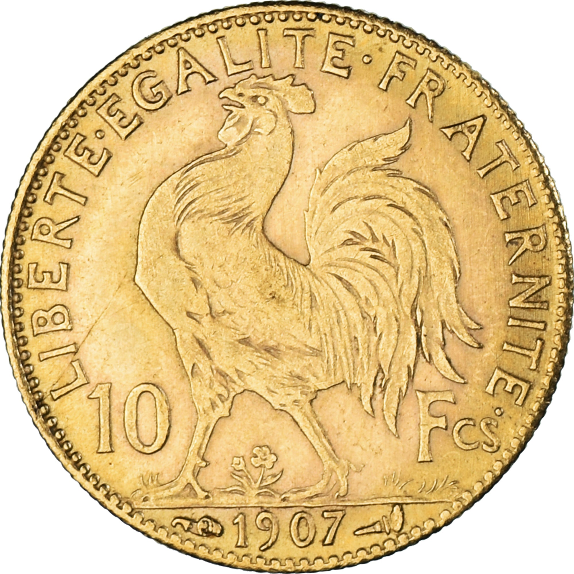 Moeda, França, Marianne, 10 Francs, 1907, Paris, Coq, AU(55-58), Dourado