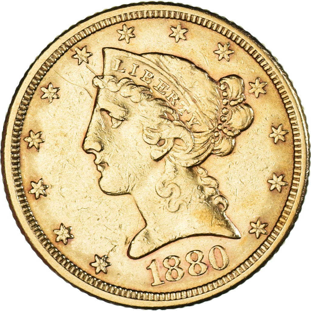 Moneda, Estados Unidos, Coronet Head, $5, Half Eagle, 1880, Philadelphia, MBC+