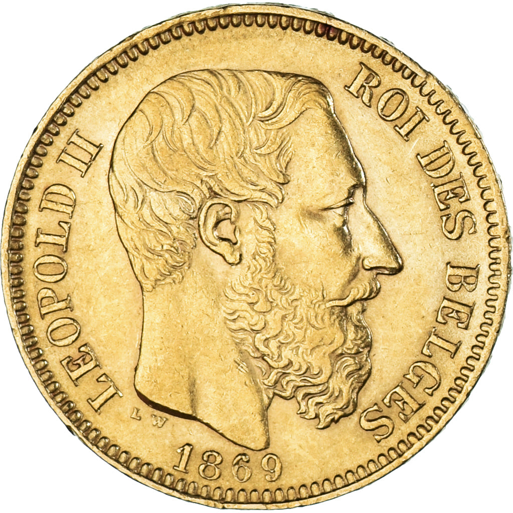 Moneda, Bélgica, Leopold II, 20 Francs, 20 Frank, 1869, Brussels, MBC+, Oro