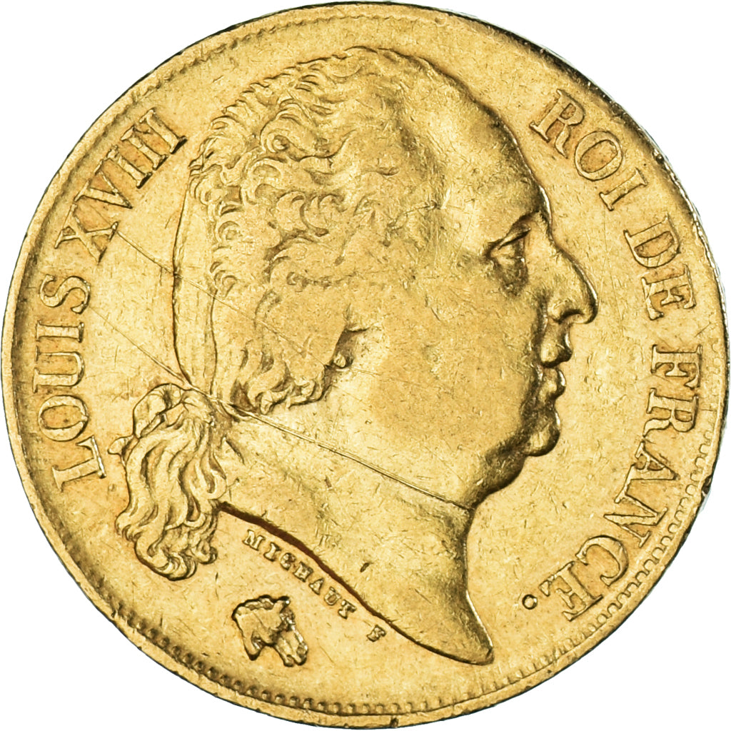 Moneta, Francia, Louis XVIII, 20 Francs, 1824, Lille, MB+, Oro, KM:712.9