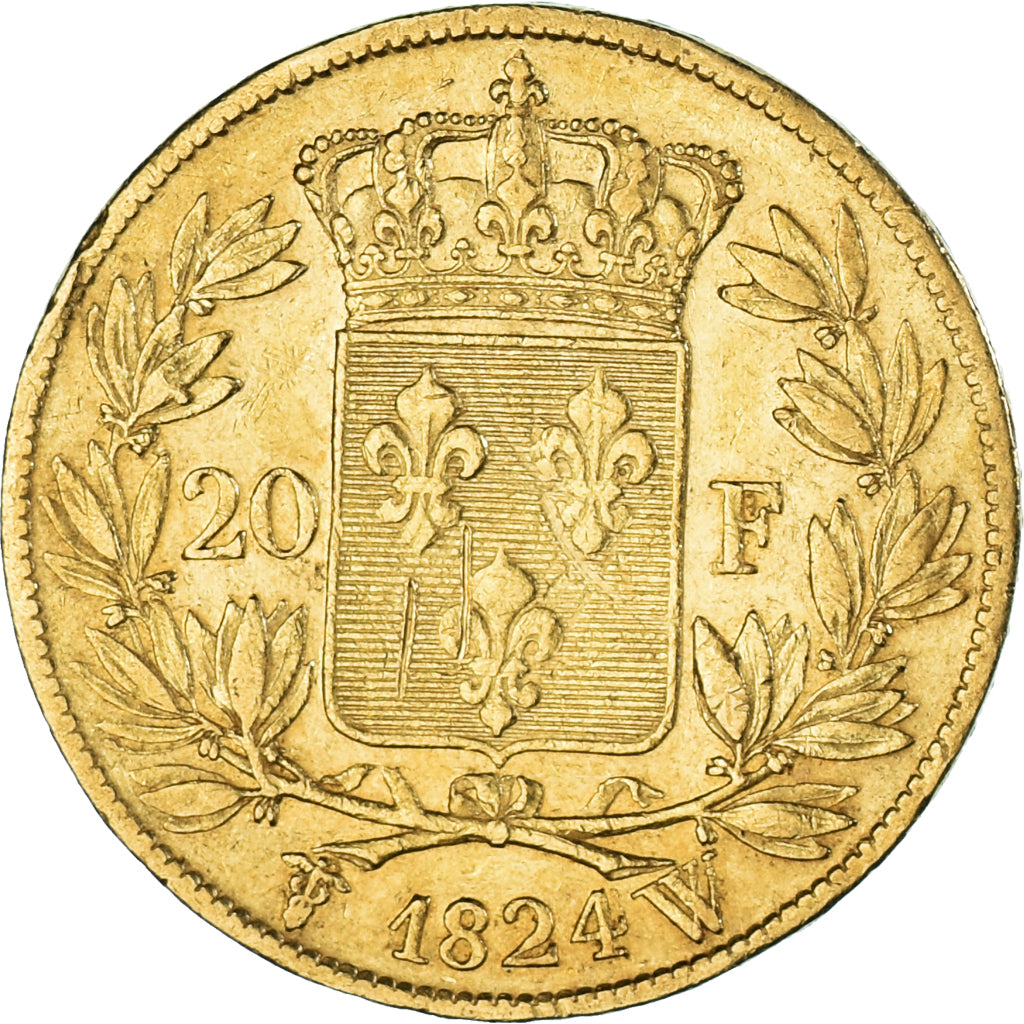 Moneta, Francia, Louis XVIII, 20 Francs, 1824, Lille, MB+, Oro, KM:712.9