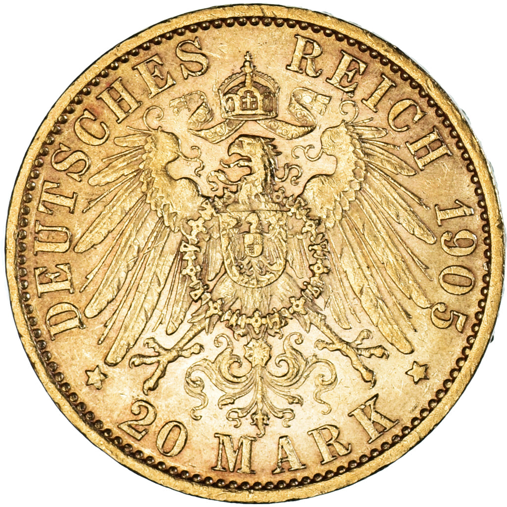 Moeda, Estados Alemães, PRUSSIA, Wilhelm II, 20 Mark, 1905, Berlin, AU(50-53)