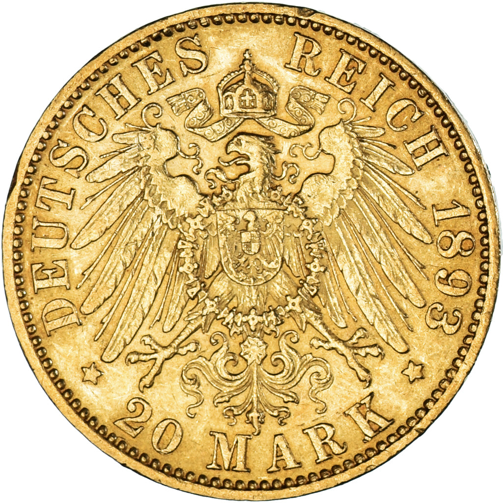 Moeda, Estados Alemães, PRUSSIA, Wilhelm II, 20 Mark, 1893, Berlin, AU(55-58)