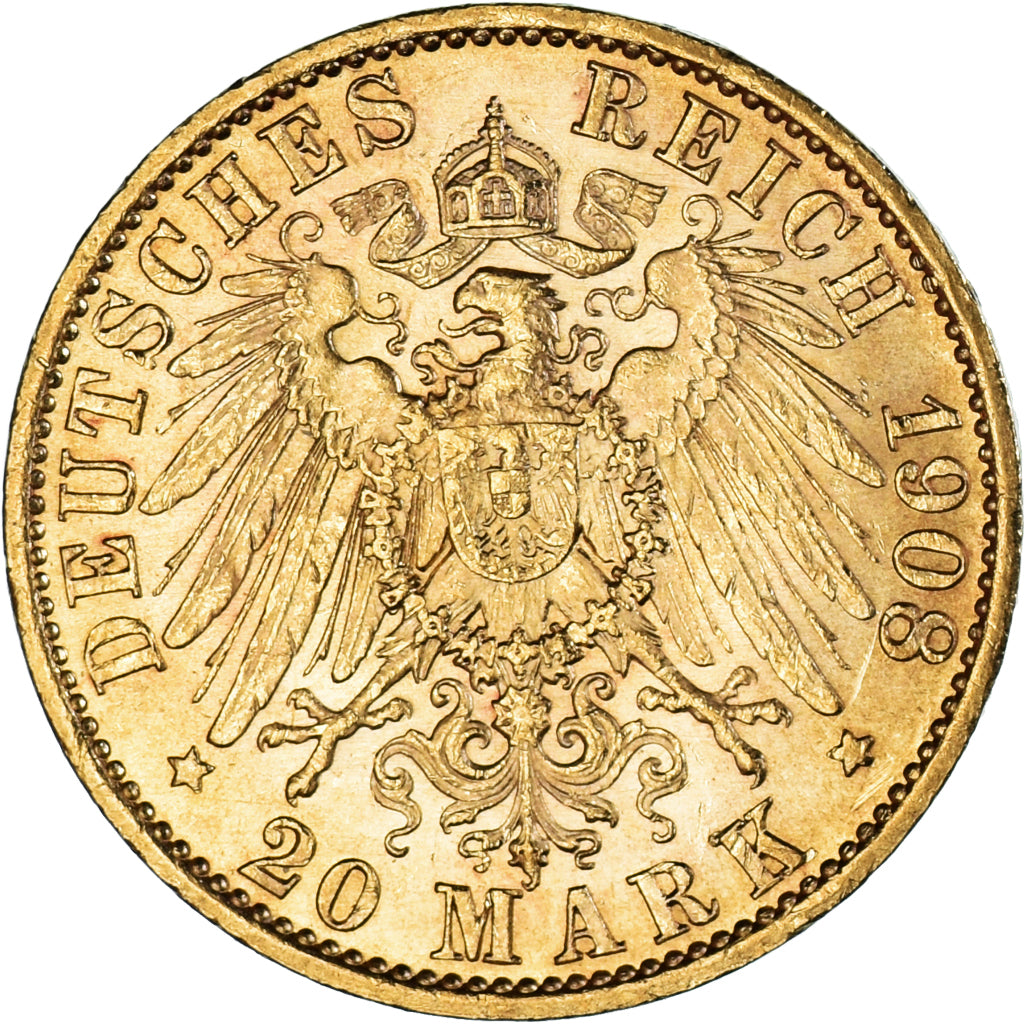 Moeda, Estados Alemães, PRUSSIA, Wilhelm II, 20 Mark, 1908, Berlin, AU(55-58)