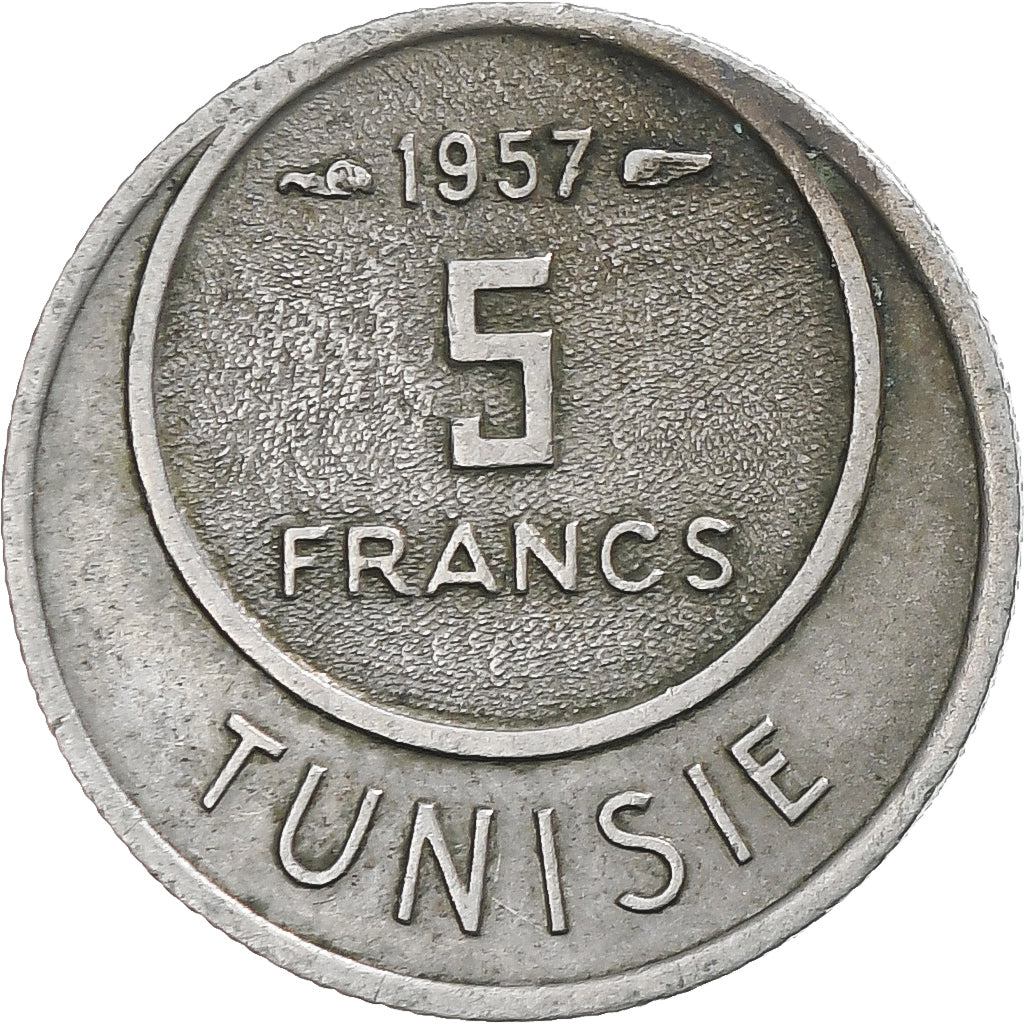 Moneta, Tunisia, Muhammad al-Amin Bey, 5 Francs, 1957, Paris, AU(55-58)
