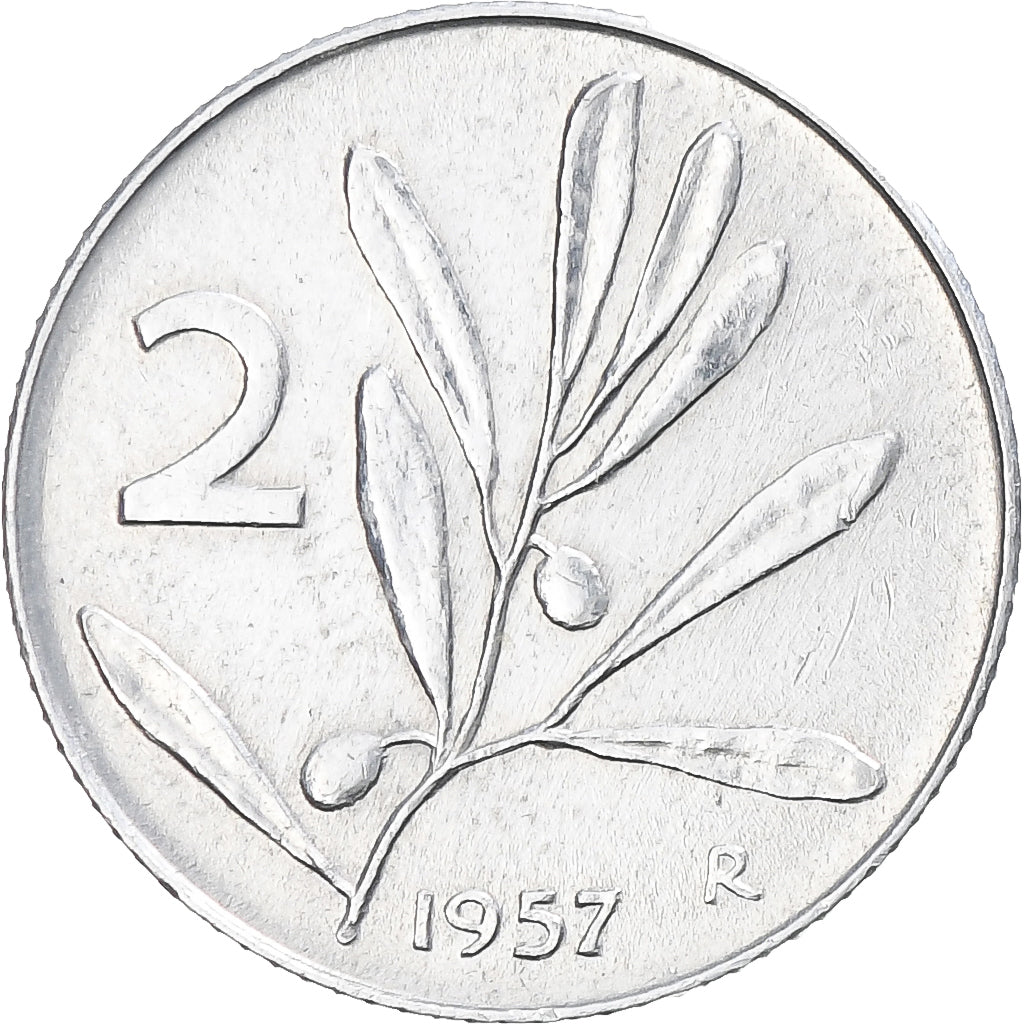 Coin, Italy, 2 Lire, 1957, Rome, MS(63), Aluminum, KM:94