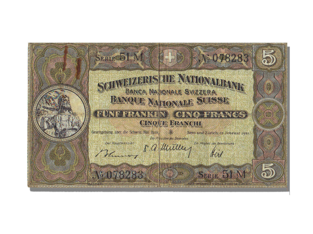 Switzerland, 5 Franken, 1951, KM #11o, 1951-02-22, VF(20-25), 51M
