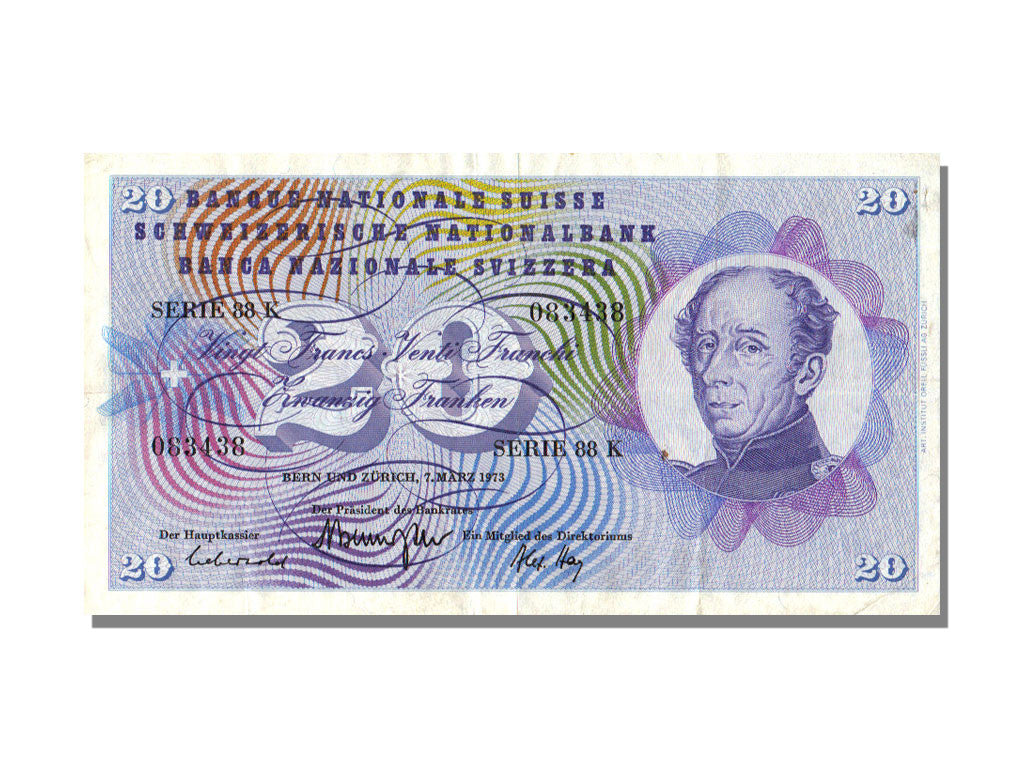 Switzerland, 20 Franken, 1973, KM #46u, 1973-03-07, EF(40-45), 88K