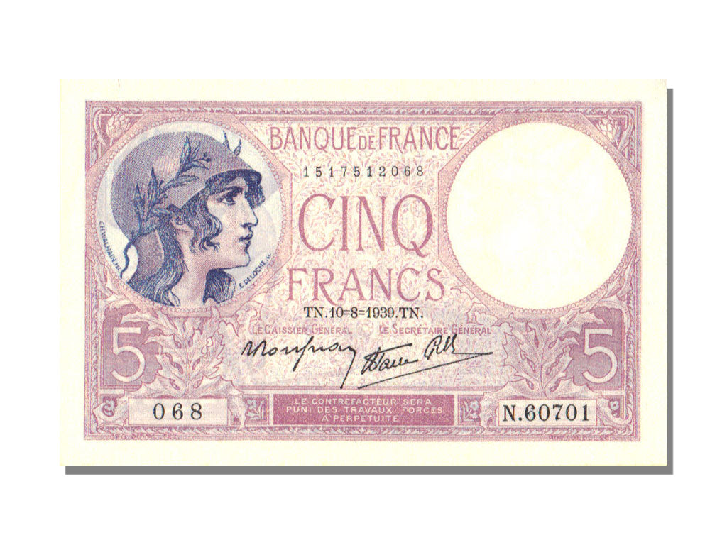 Banknote, France, 5 Francs, 5 F 1917-1940 ''Violet'', 1939, 1939-08-10