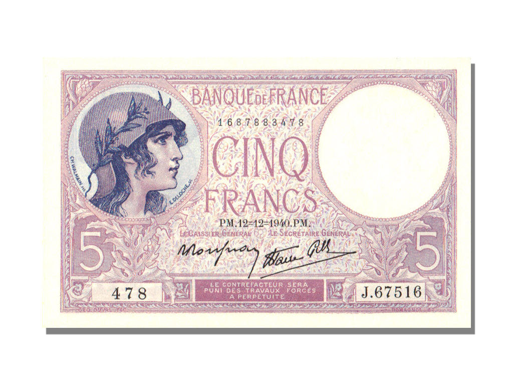 France, 5 Francs, 5 F 1917-1940 ''Violet'', 1940, KM #83, 1940-12-12,...