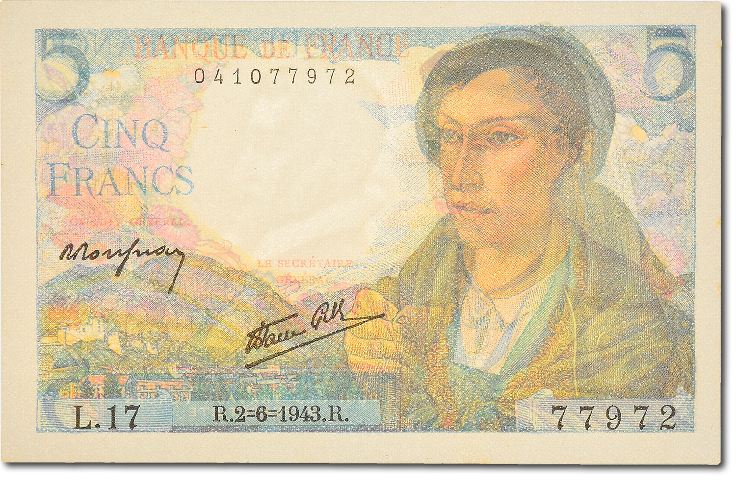 Banknote, France, 5 Francs, 5 F 1943-1947 ''Berger'', 1943, 1943-06-02